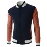 Men Navy Blue Slim Fit Casual Jacket with Synthetic Leather Sleeves